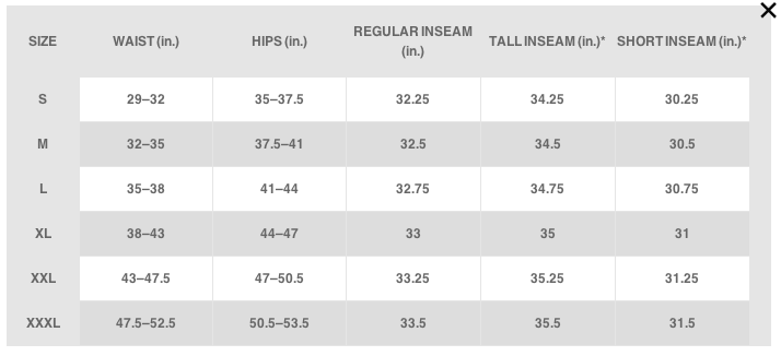 Mens Nike Pant Size chart